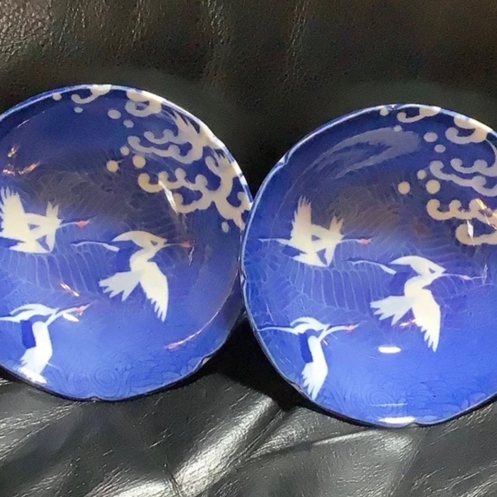 2 Vintage Japanese Dipping Bowls Blue Tsuru (Crane) design, excellent condition